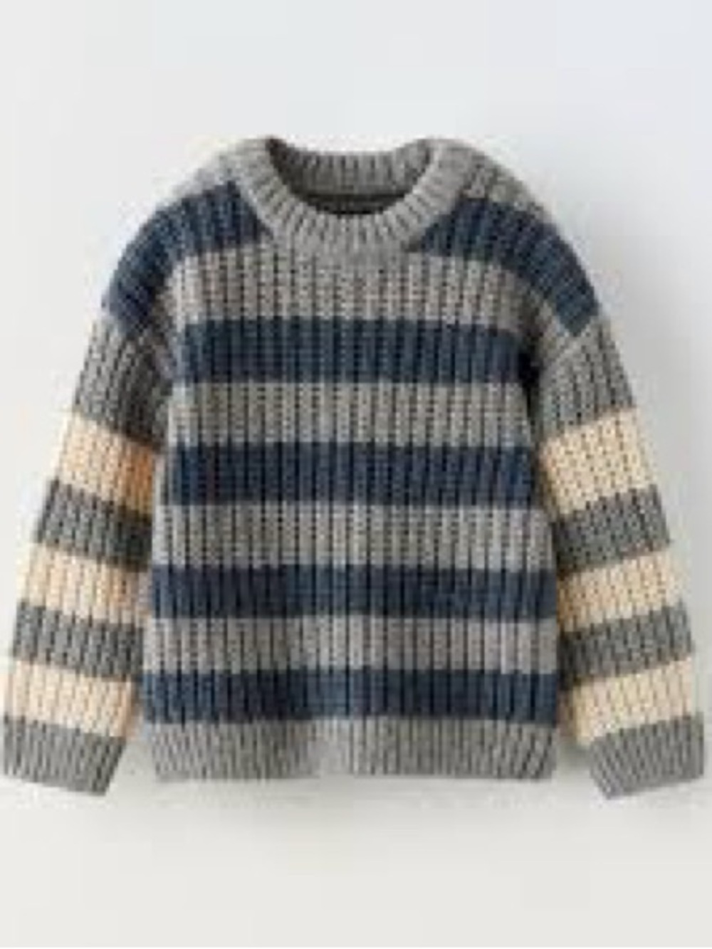 ZARA KIDS | Striped Ribbed Crewneck Sweater - Gray, Navy & Cream